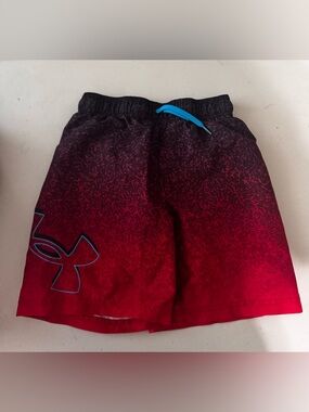 Under Armour Boys' Red to Black Ombre Athletic Shorts with Blue Drawstring